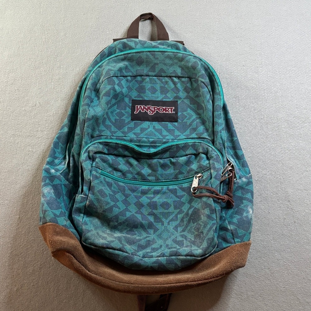 JanSport Originals Backpack Geometric Aztec Teal Brown Suede Bottom School Bag